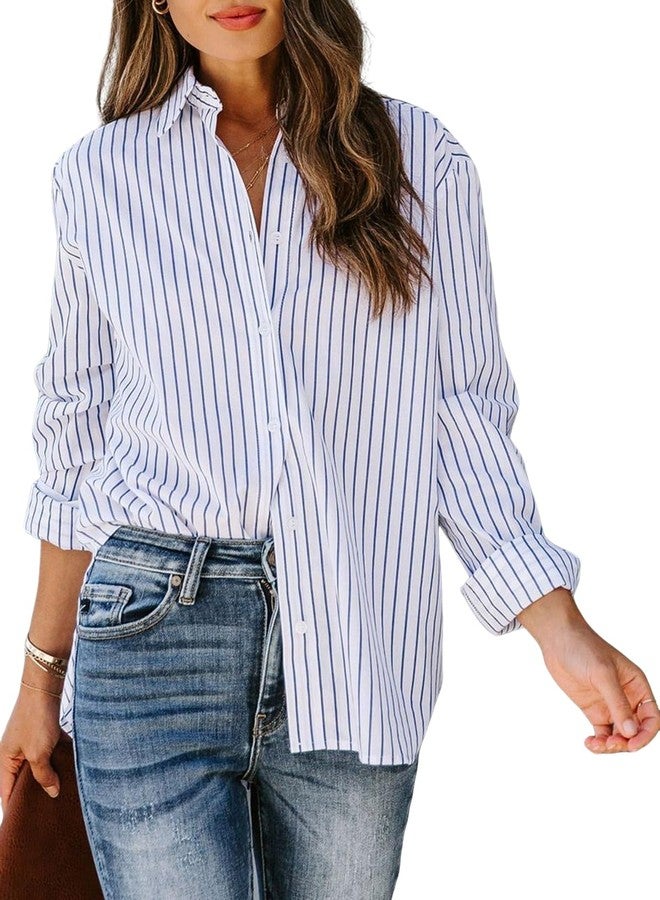 Aoudery Striped Button Down Shirts for Women Cotton Dress Shirts Long Sleeve Collared Blouses Work Business Casual Tops- Blue White Wide Stripes L - Image 1